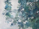 A textured, impressionistic painting featuring abstract shapes and patterns. The composition is abundant with shades of blue and green, suggesting nature elements such as foliage or water reflections. The brushstrokes are broad and expressive, creating a sense of movement and fluidity.