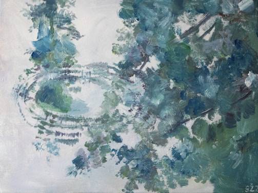 A textured, impressionistic painting featuring abstract shapes and patterns. The composition is abundant with shades of blue and green, suggesting nature elements such as foliage or water reflections. The brushstrokes are broad and expressive, creating a sense of movement and fluidity.