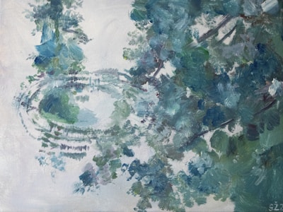 A textured, impressionistic painting featuring abstract shapes and patterns. The composition is abundant with shades of blue and green, suggesting nature elements such as foliage or water reflections. The brushstrokes are broad and expressive, creating a sense of movement and fluidity.