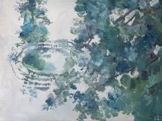 A textured, impressionistic painting featuring abstract shapes and patterns. The composition is abundant with shades of blue and green, suggesting nature elements such as foliage or water reflections. The brushstrokes are broad and expressive, creating a sense of movement and fluidity.