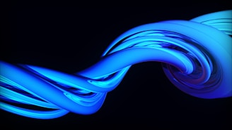 An abstract design featuring intertwined, flowing ribbons with a neon blue glow against a dark background. The smooth, curving shapes create a sense of movement and fluidity.
