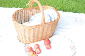 A collapsible linen picnic stool set up on a grassy lawn beside a woven picnic basket.