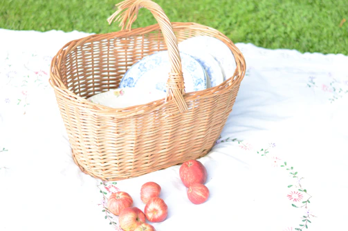 A picnic basket filled with fresh fruits and sandwiches on a checkered blanket