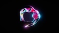 A stylized logo resembling an apple with a smooth, reflective, and metallic finish. The surface displays vibrant and swirling neon colors including pink, blue, and purple, set against a dark background.