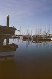 A calm harbor with boats docked under a clear blue sky.