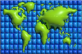 Green continents with a glossy texture are depicted on a grid of shiny blue and purple squares, resembling a stylized digital map of the world.
