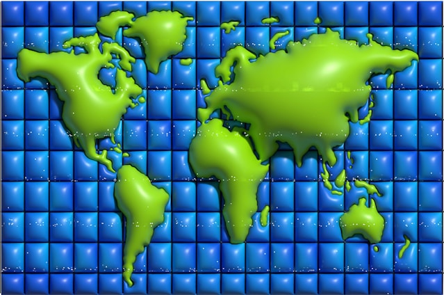 Green continents with a glossy texture are depicted on a grid of shiny blue and purple squares, resembling a stylized digital map of the world.