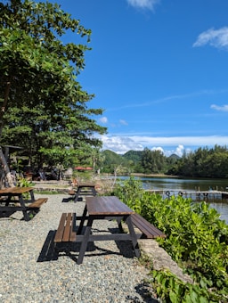 A scenic outdoor area featuring several wooden picnic tables set on a gravel path. To the right, lush green foliage lines a tranquil body of water, with a small dock extending out into the water. In the background, vibrant trees and hills can be seen, all under a bright blue sky with a few scattered clouds.