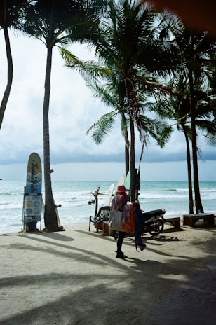 A delivery scene featuring a robot and a human on a sandy beach, surrounded by palm trees.