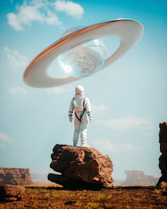 a man in a space suit standing on top of a rock