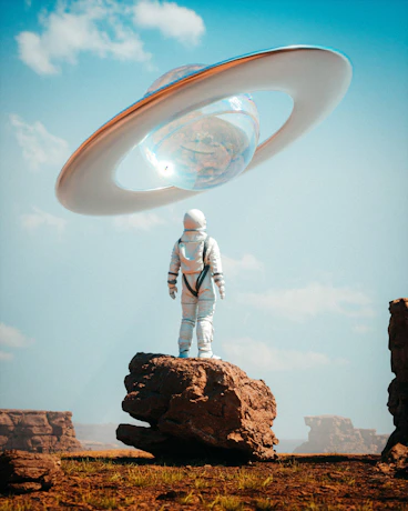 a man in a space suit standing on top of a rock