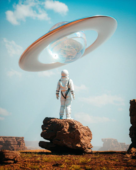 a man in a space suit standing on top of a rock