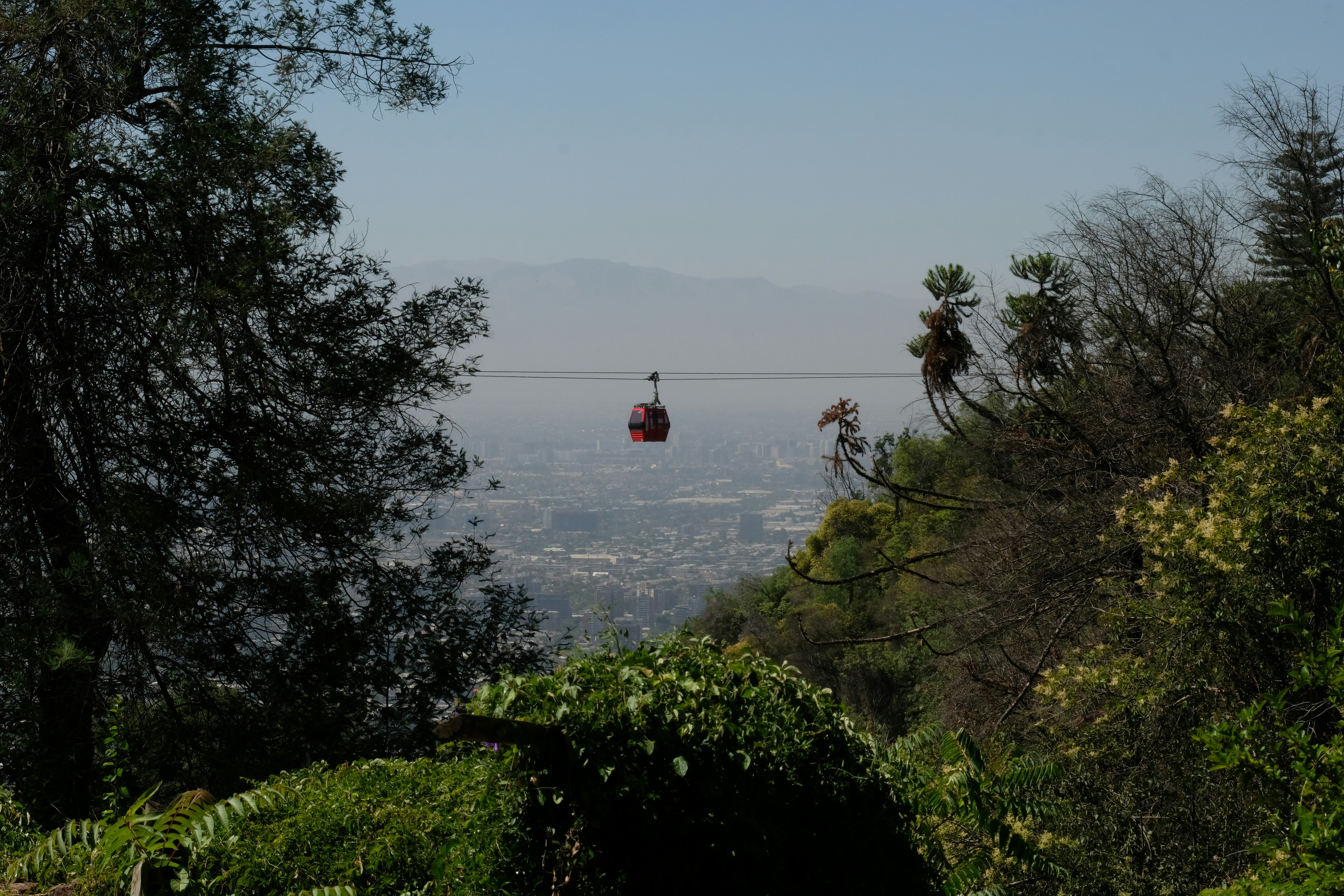 A cable car going up San Cristóbal Hill above Santiago