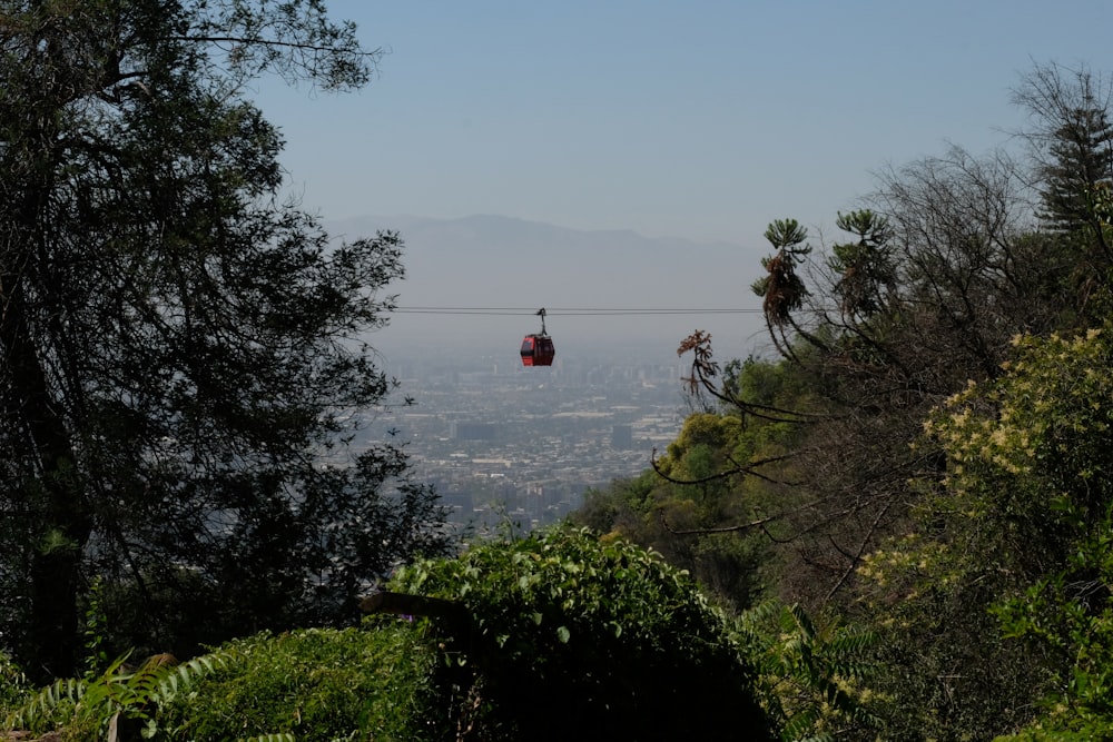 un teleférico que sube una colina con vistas a la ciudad