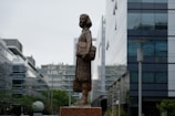 a statue of a woman standing in front of a building