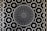 A patterned metal grate features a circular design in the center with radiating slots and a surrounding intricate geometric grid. The grid consists of repeating circular and square shapes connected by intersecting lines.