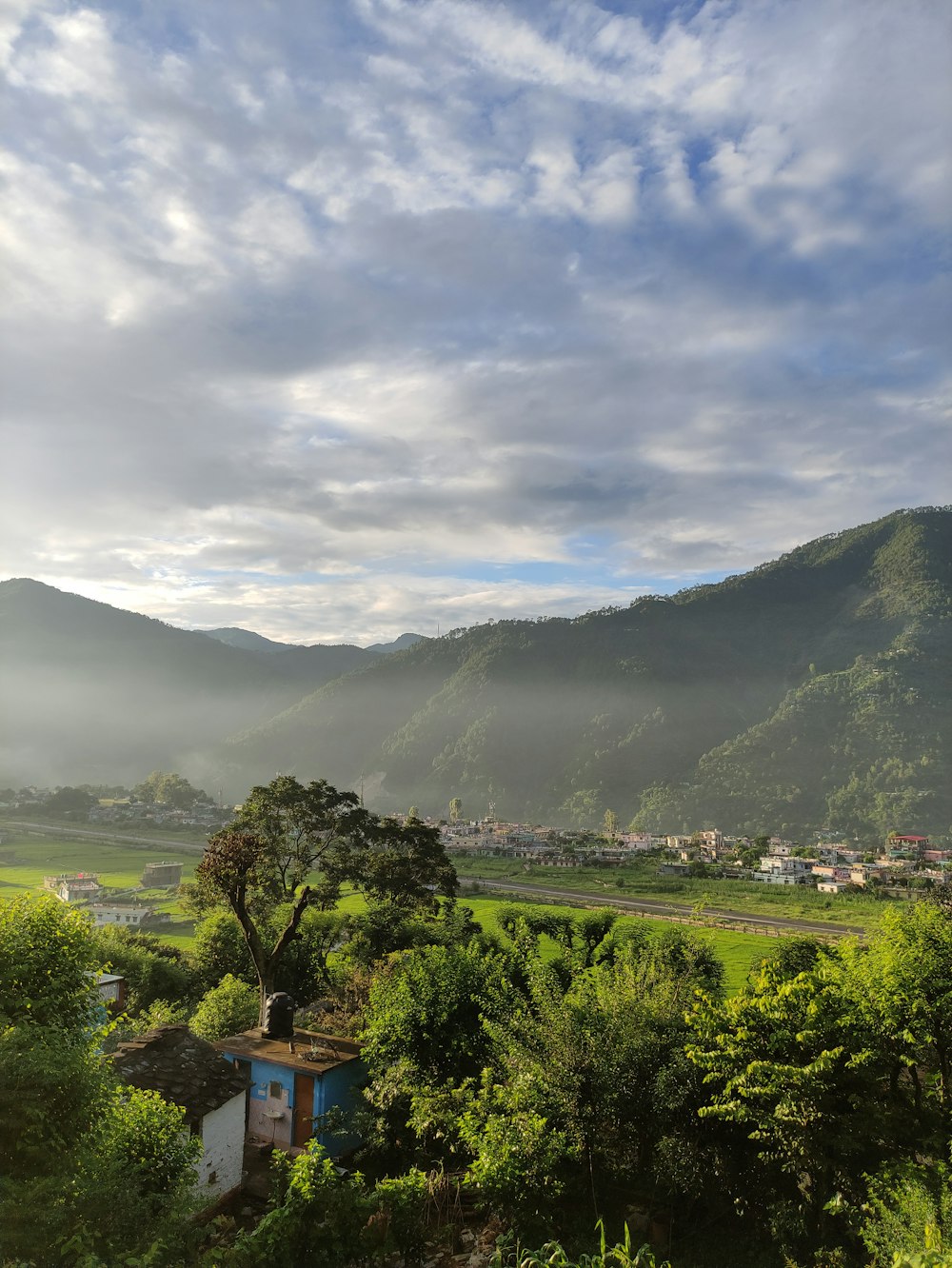 a scenic view of a valley with a mountain in the background