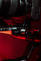 Close-up of a product photography setup with lighting and camera focused on a displayed item