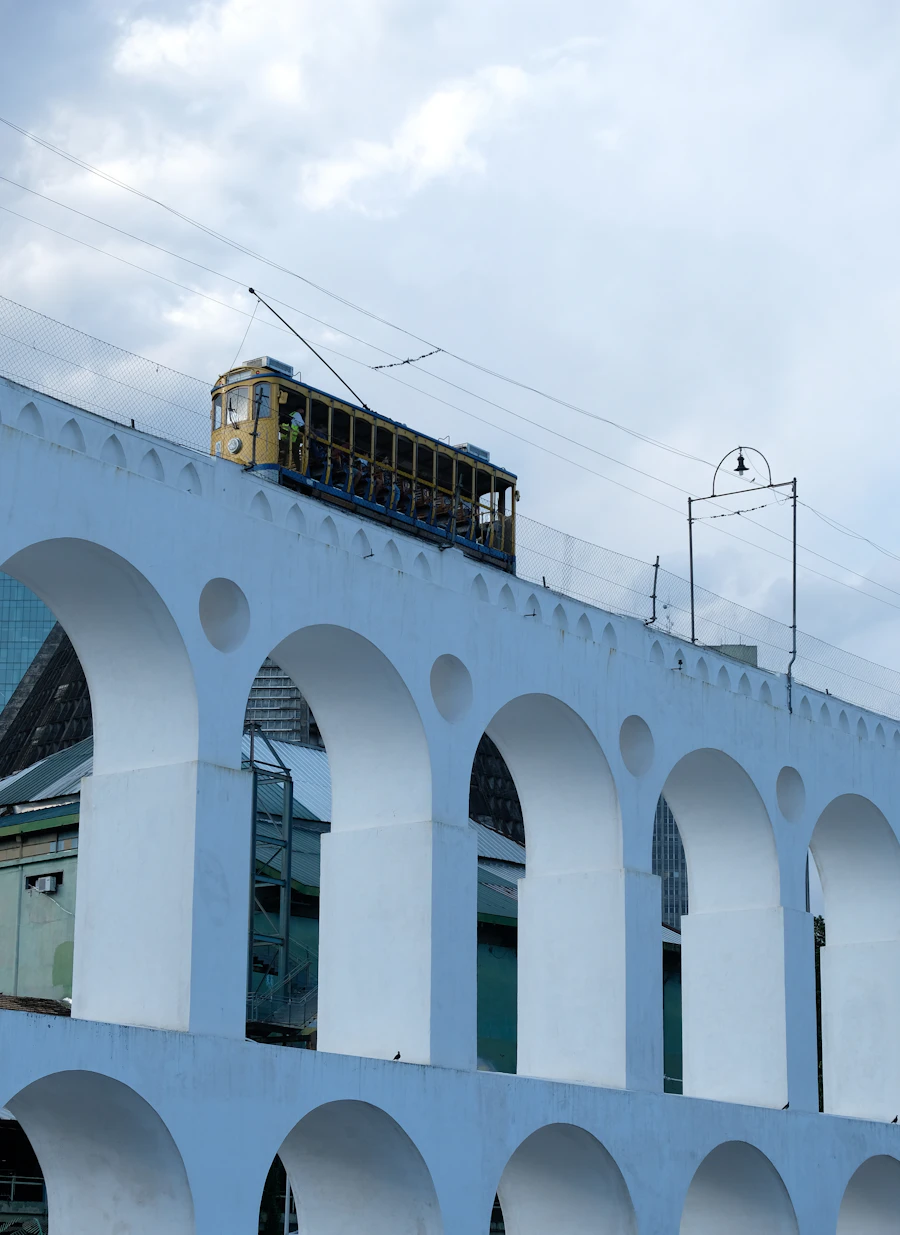 Tram crossing the Lapa Arches aqueduct on its way to Santa Teresa