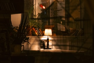 Soft candlelight illuminating a cozy room corner with plants and books.