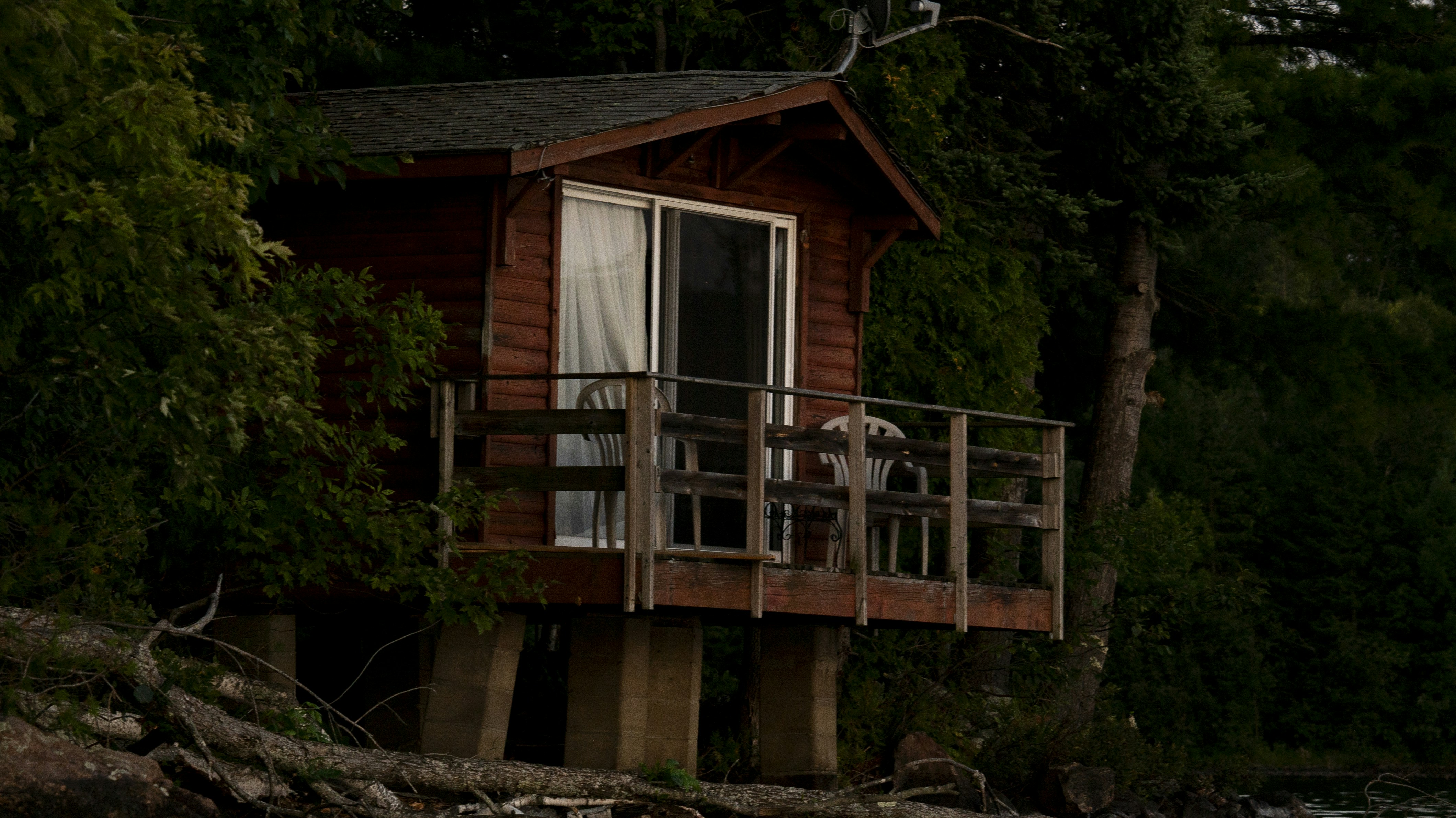a dog is standing on a deck outside of a cabin