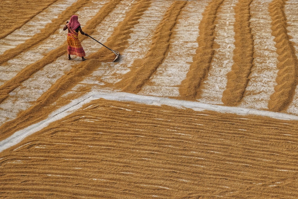 a person in a field with a shovel