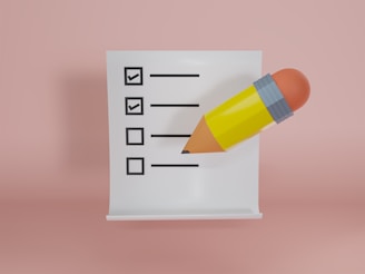 A 3D illustration of a checklist with four items. Three of the items have checkmarks, while one remains unchecked. A large, oversized pencil with a yellow body and orange eraser leans against the list, giving a playful, cartoonish feel.