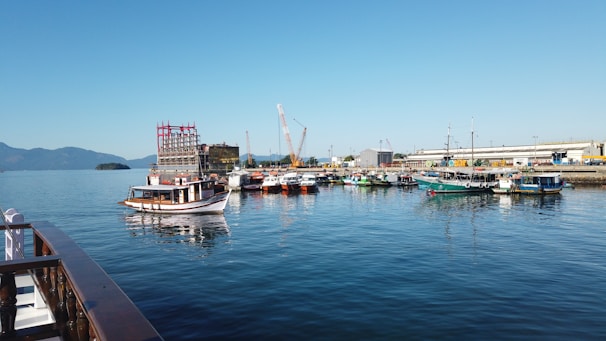 A serene harbor scene with boats docked against a backdrop of the Hong Kong skyline.