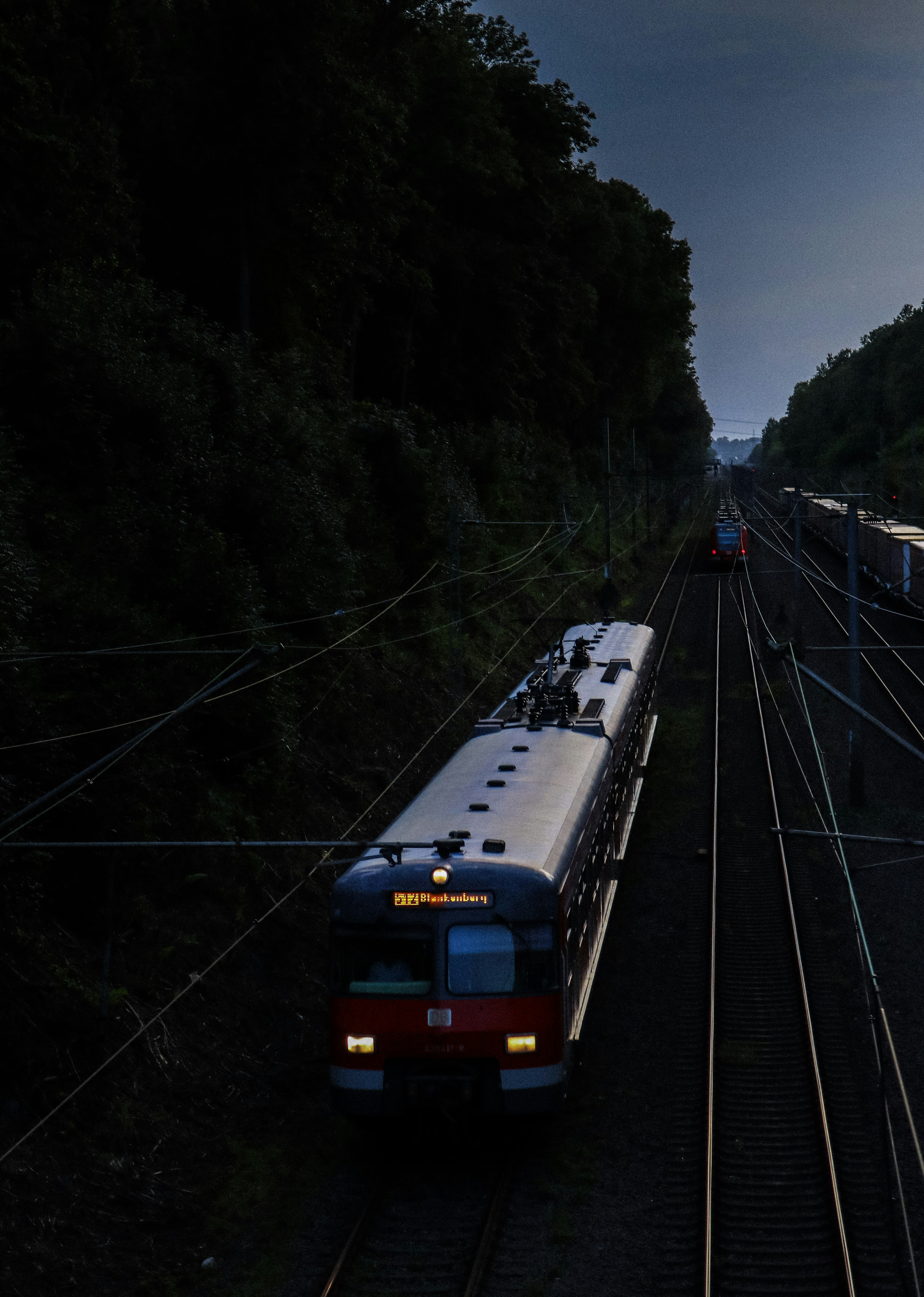 a train traveling down train tracks next to a forest