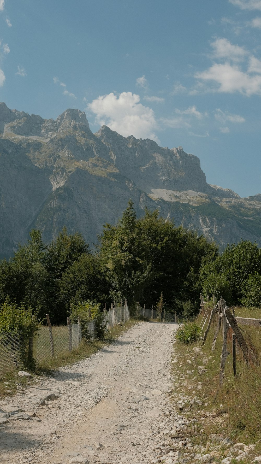 a dirt road in front of a mountain range