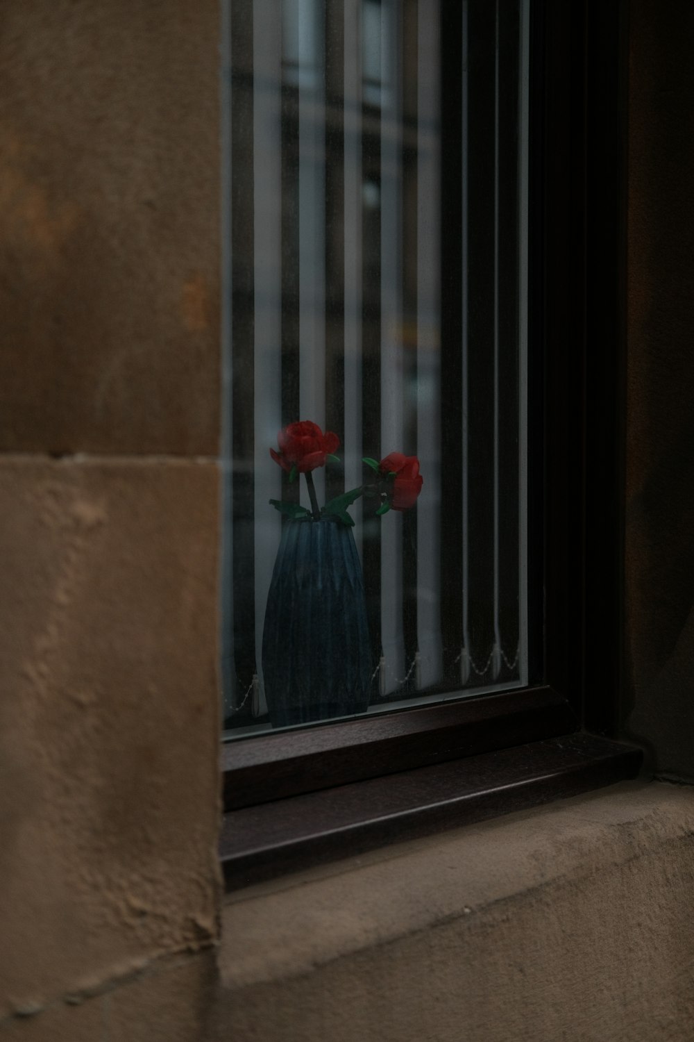 a blue vase with three red roses in it