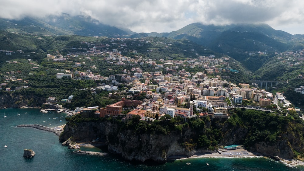 an aerial view of a city on a small island