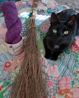 A black cat with bright green eyes sits on a colorful patchwork quilt. Beside the cat is a rustic broom made of twigs, and a mug with the words 'good witch' containing a skein of purple yarn. The quilt features various patterns, including florals and stripes in shades of red, green, blue, and orange.