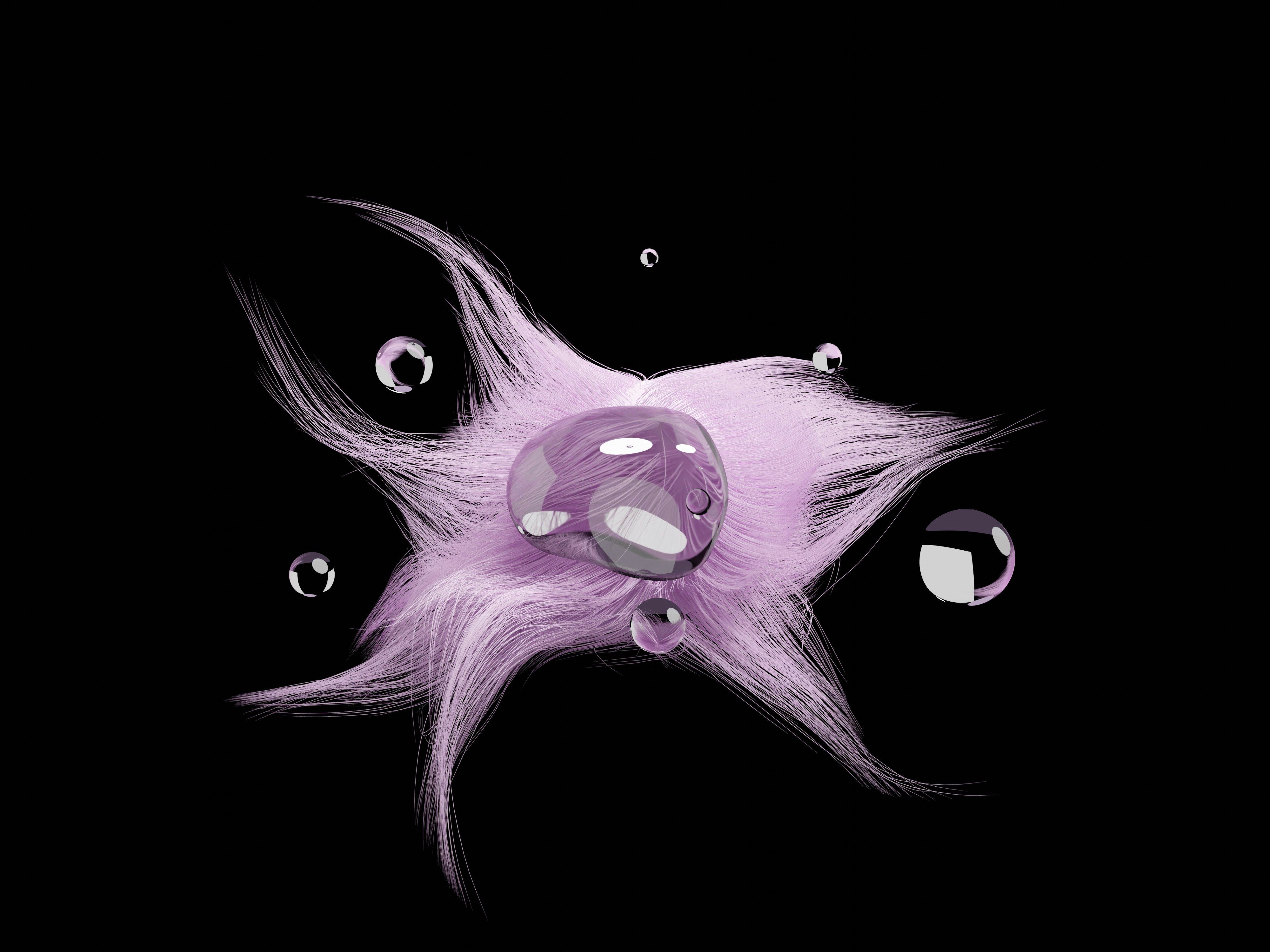 Droplets of water surrounding a pink hairy object floating in the air