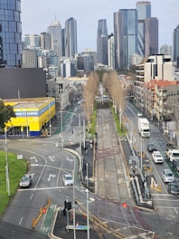 An image of a smart city with interconnected transport options.