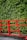 A red metal railing with geometric patterns stands in front of a lush green hedge. The vivid colors contrast sharply, enhancing the natural greenery against the man-made structure.