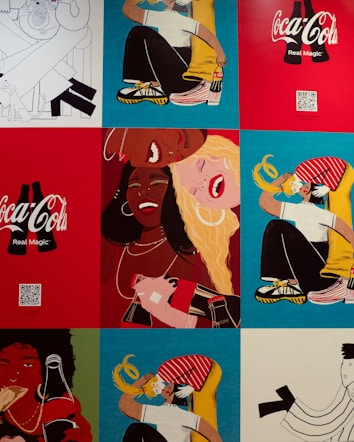 A collage of colorful illustrations featuring people interacting joyfully with Coca-Cola bottles. The artwork includes diverse figures laughing and enjoying each other's company, set against vibrant red, blue, and green backgrounds. Some panels have Coca-Cola branding and QR codes.
