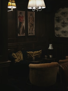 Stylish furniture arranged in a dark, inviting atmosphere.