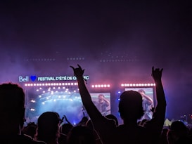 A large outdoor music festival at night features a stage with bright lights and a video screen displaying a musician. People in the crowd are silhouetted against the colorful lights, some with their arms raised in excitement.