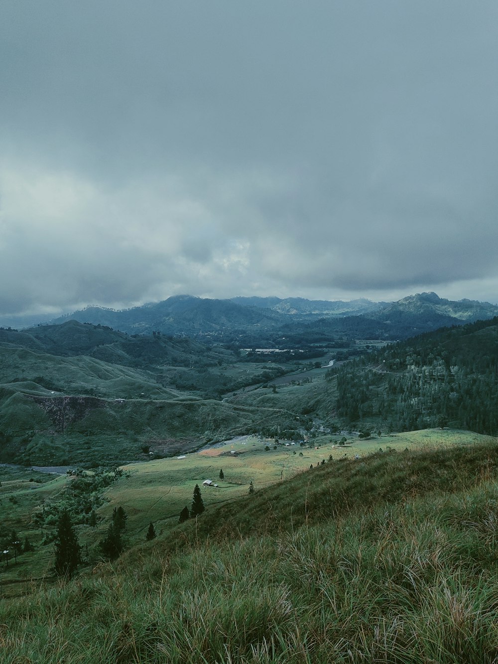 a view of a valley with mountains in the background