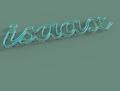 A neon sign displaying the word 'isaac' in cursive on a solid green background. The sign features a glowing turquoise color with visible fixtures holding it in place.