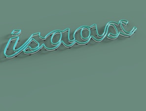A neon sign displaying the word 'isaac' in cursive on a solid green background. The sign features a glowing turquoise color with visible fixtures holding it in place.