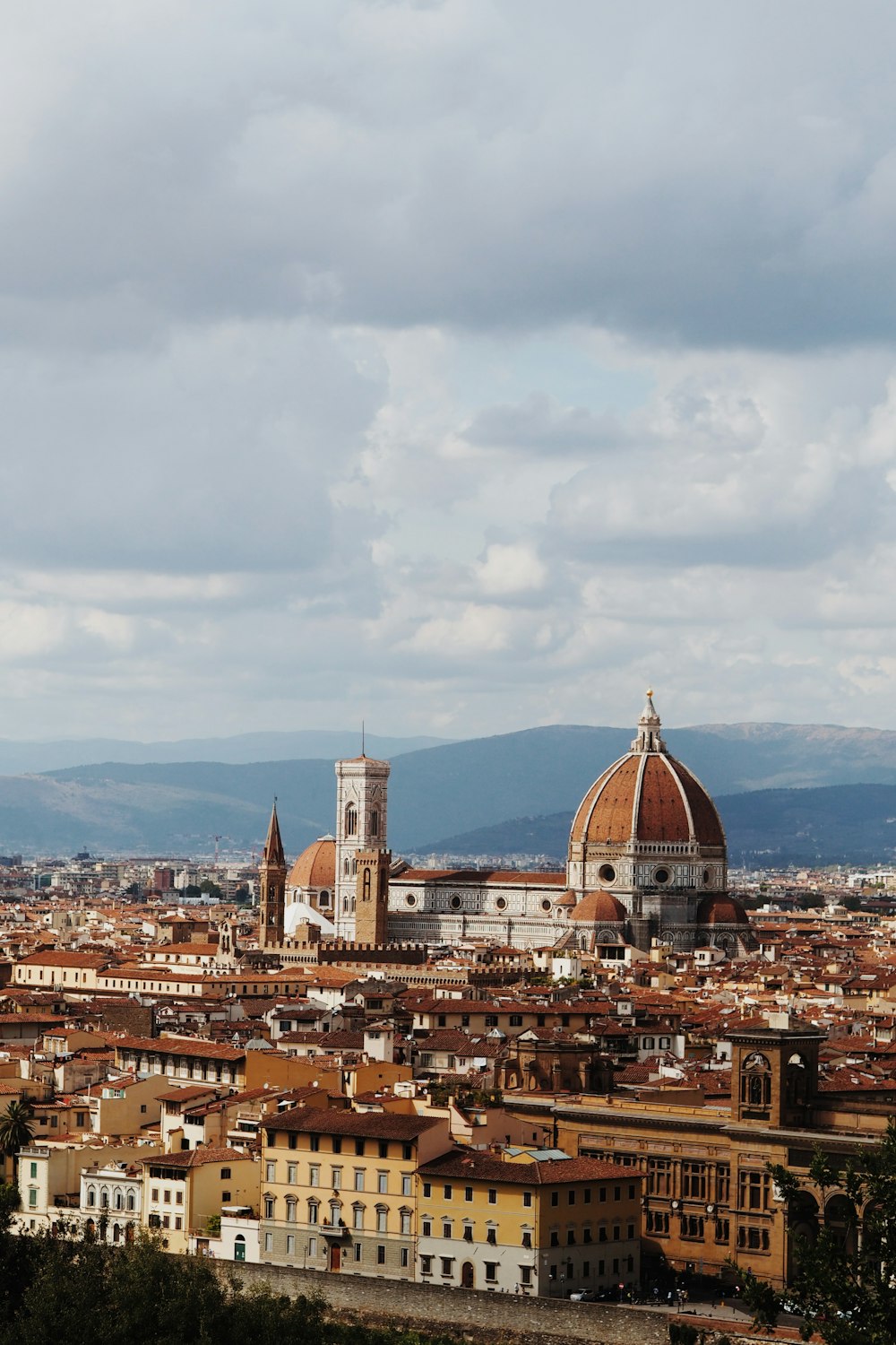 a view of a city with buildings and mountains in the background