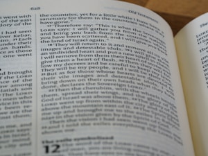 A close-up view of an open book displaying text from a religious scripture. The text is in black font on white pages. The page heading 'Old Testament' is visible and the verses appear to be discussing themes of gathering and restoration.