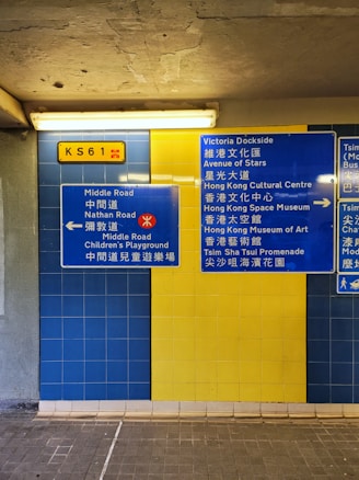 A public underground passageway with blue and yellow tiled walls, featuring blue directional signs indicating directions to various locations such as Victoria Dockside, Avenue of Stars, and Hong Kong Cultural Centre, written in both English and Chinese.