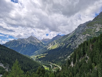 A vast, mountainous landscape featuring soaring peaks under a partly cloudy sky. Dense forests cover the lower regions, surrounding a winding valley below the mountains.