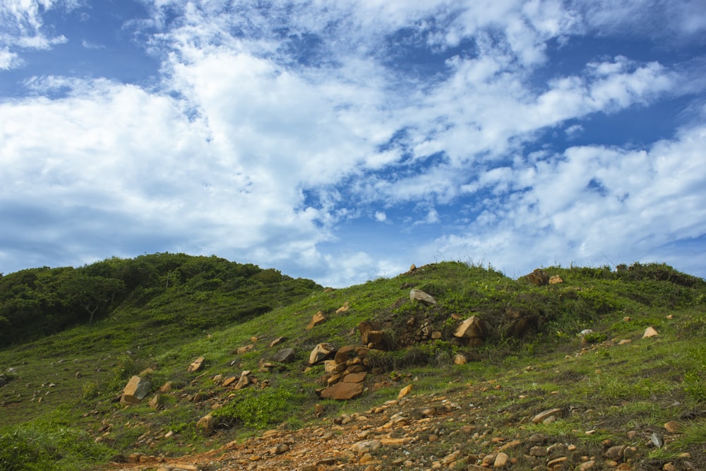 a grassy hill with rocks and grass under a cloudy blue sky