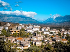 a view of a city with mountains in the background