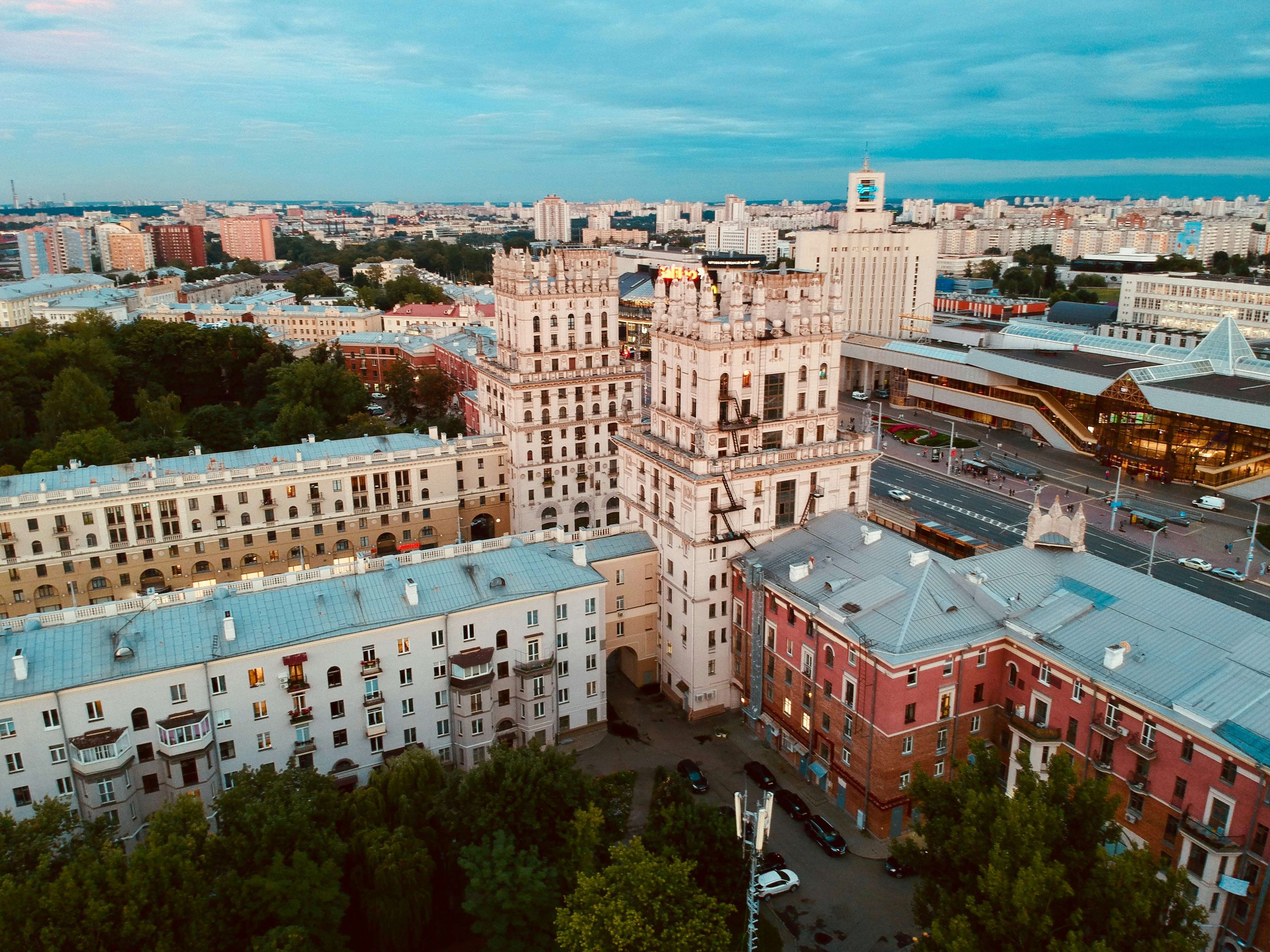 an aerial view of a city with many buildings