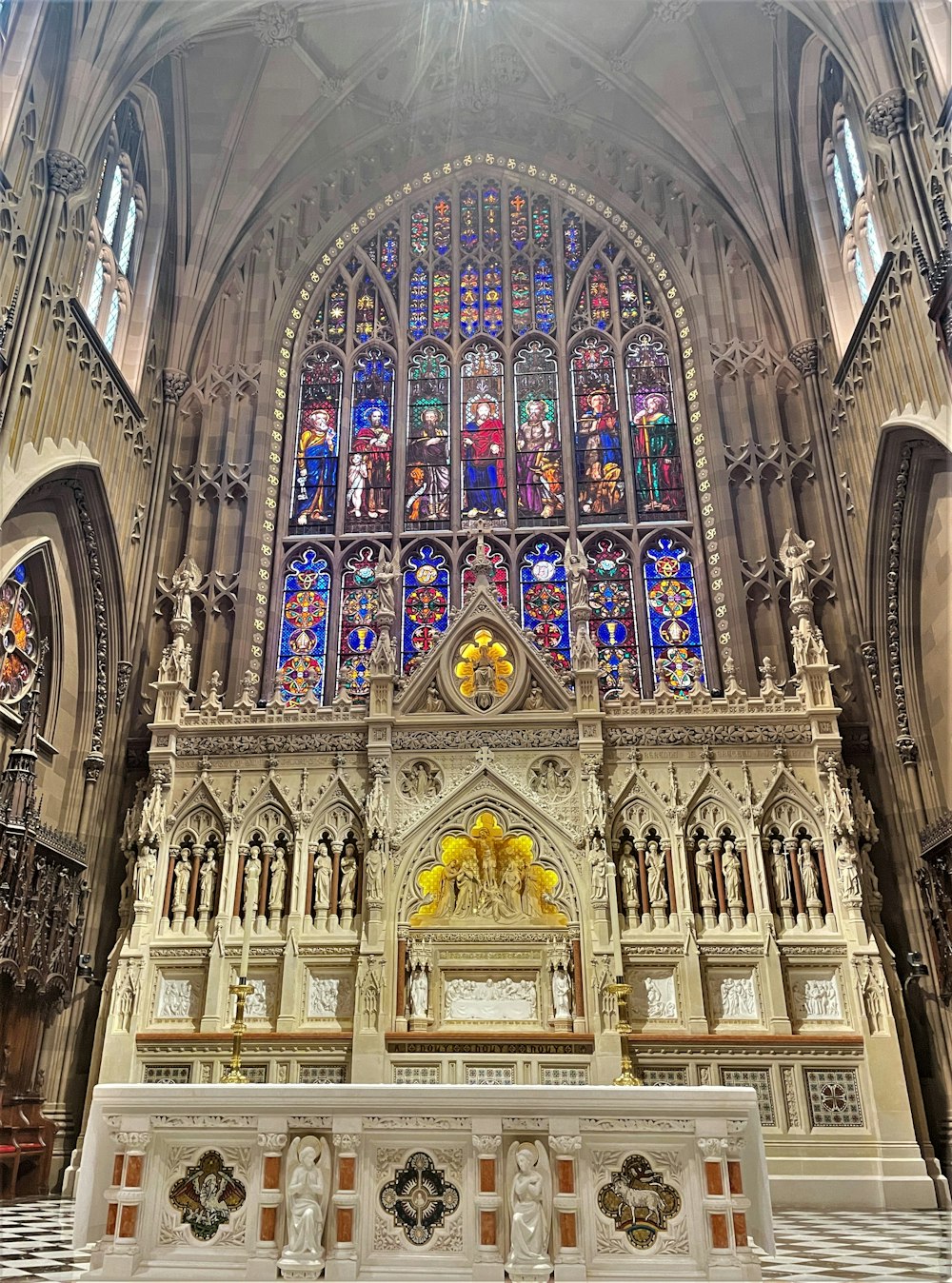 a church with a large stained glass window